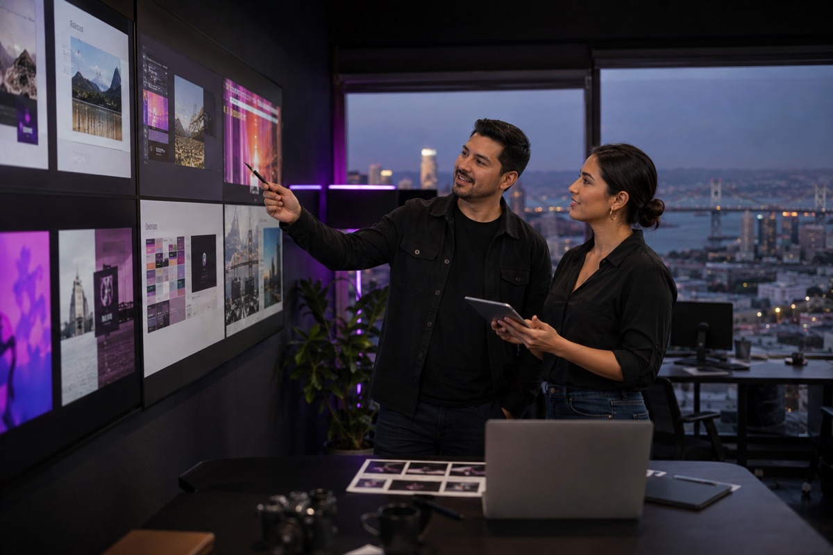 Guru Marketing USA team reviewing bilingual brand designs