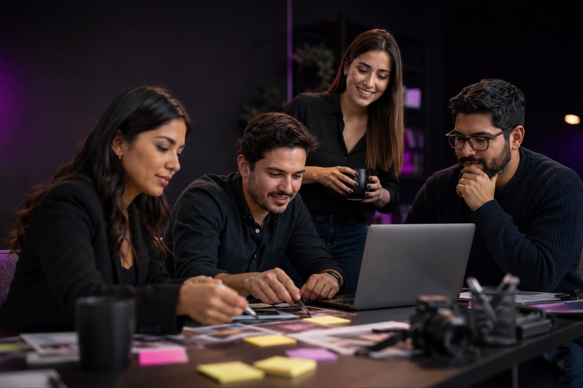 Bilingual creative team collaborating on a marketing campaign